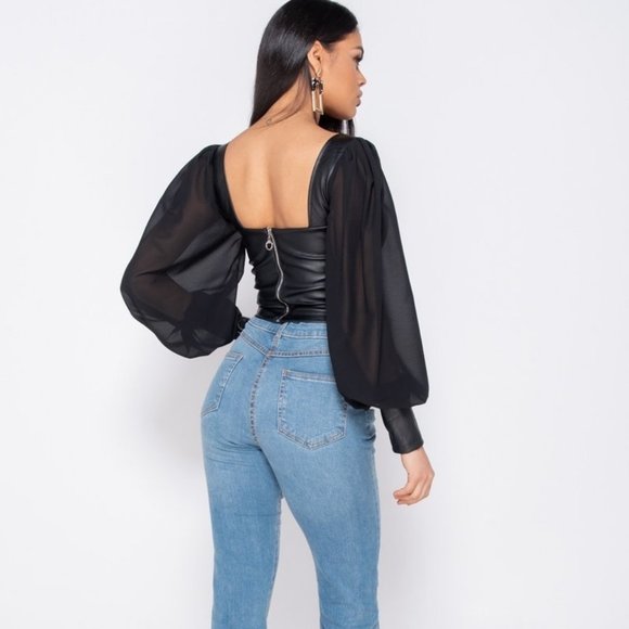 Black Vegan Leather Faux Leather Long Sleeve Bustier Top - Picture 6 of 10